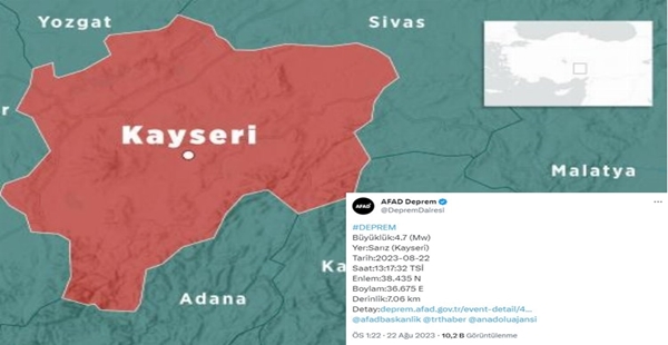 KAYSERİ’DE 4.7 BÜYÜKLÜĞÜNDE DEPREM