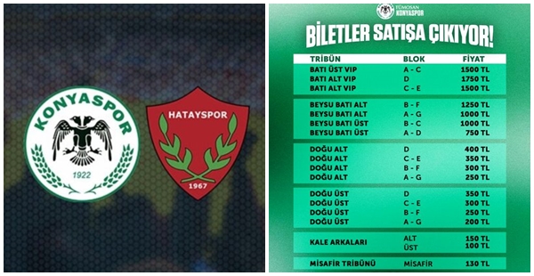 KONYASPOR A.HATAYSPOR MAÇININ BİLETLERİ SATIŞA ÇIKTI